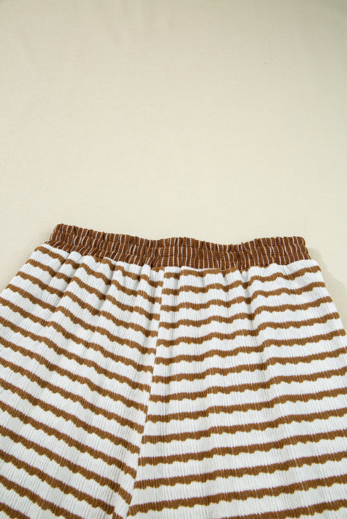 Striped Johnny Collar Pullover Drawstring Wide Leg Pant Set